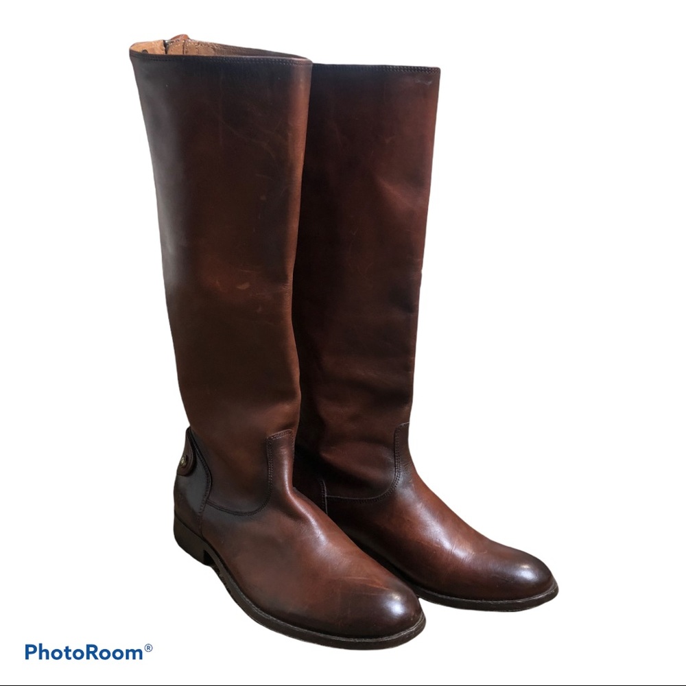 Frye Cognac Melissa Button Back-Zip Leather Boot WARNING 2 different sizes 9/10